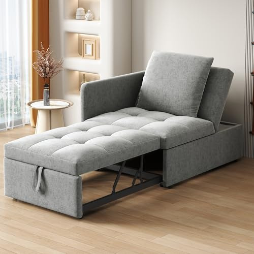 Schlafsofa Klein, Einzel-Sofa, Bett, Stuhl, 3-in-1-Sessel, Klappsofa & Schlafhocker mit Bettfunktion, wandelbar Schlafsessel bis 200 kg, Sofabed mit Bezug in Leinenoptik für kleine Räume (Hellgrau)