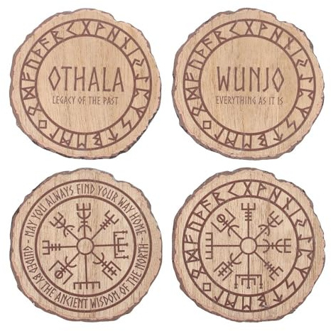 Something Different MDF Norse Mythology Wood Slice Coasters, Set of 4, Viking-Inspired Rune Symbols, 9.5 x 9.5 cm