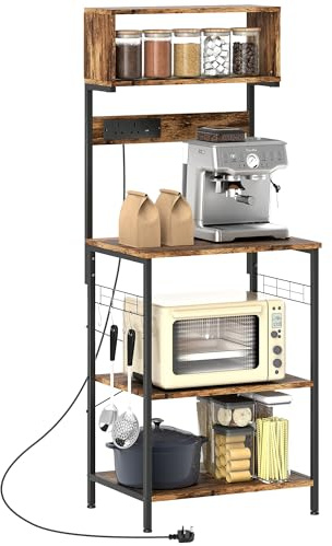 HOMCOM Bakers Rack with Power Outlet, USB Charger, Microwave Stand with Adjustable Shelves, 5 Hooks for Small Spaces, Kitchen Storage Unit for Spices, Pots and Pans, Rustic Brown