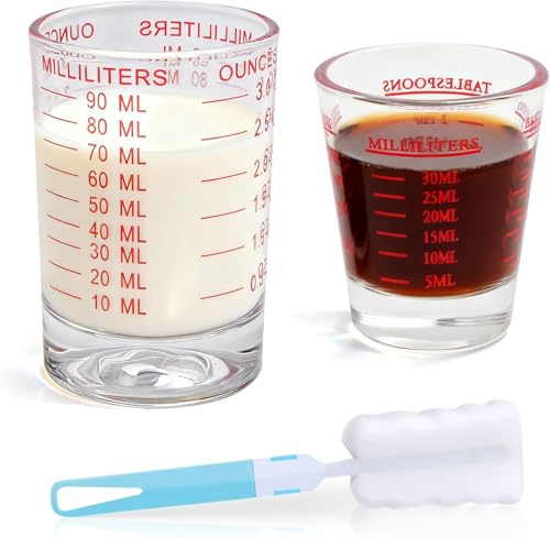 Mispudin 30ml + 90ml Measuring Shot Glasses, 2 Pack Espresso Shot Glass | Shot Glass Measuring Cups with Measurements, Brush, for Coffee, Cocktails, Vodka, Whiskey, Tequila, Liquor