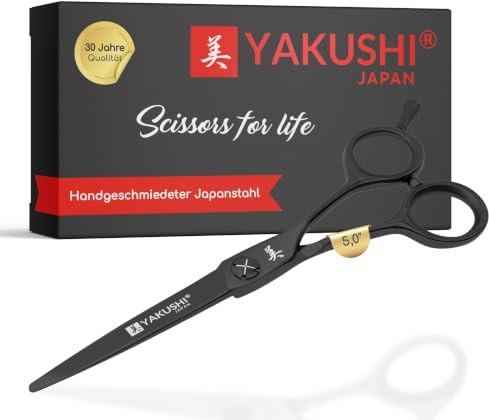 YAKUSHI BLACK VALE Haarschneideschere 5,0'' I Classic-Line I Schere aus Japanstahl mit Titan-Legierung I Rasiermesserscharfe Friseurschere mit Disc Schraube & abnehmbarem Fingerhalter