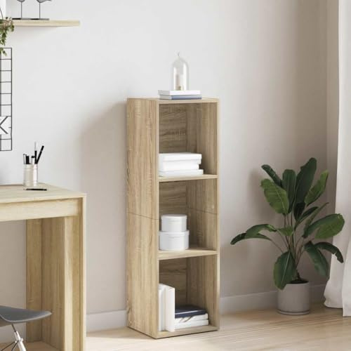 Yisssmeng Bücherregal Sonoma-Eiche 36x30x114 cm Holzwerkstoff Standregal mit 3 Fächern flexibel als TV-Schrank nutzbar Robustes Design für Wohnzimmer Schlafzimmer Flur