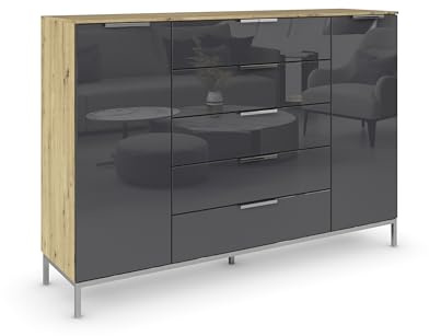 Rauch Möbel Flipp, Kommode, Farbe Glas Basalt/Eiche Artisan, Breite 160 cm | Sideboard, 2-türig, 5 Schubladen, Glasfront, Soft-Close, Griffe, Metallkufe Chrom, für Schlafzimmer, Gästezimmer, Wohnzimmer