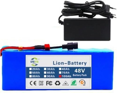 Caimcie Batteria agli ioni di Litio da 48 V per ebike, 20 Ah, 60 Ah, 90 Ah, 100 Ah, Batteria per Bici elettrica/Scooter con Caricabatterie per Motori da 1000 W, 750 W, 500 W 48V 100Ah,XT60+DC