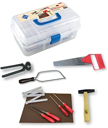 Pebaro 645 Werkzeug-Set in Kunststoffbox für Hobby und Schule, 11 Teile, praktischer Koffer, ausklappbare Fächer, Basteln mit Holz, Werken, Bastelset, Geschenkidee für Kinder