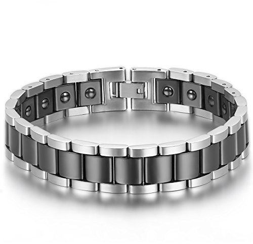 JewelryWe Schmuck Herren Magnet Armband, Edelstahl Keramik, Fashion I Rechteck Link Magnetarmband Armreif, Silber Schwarz