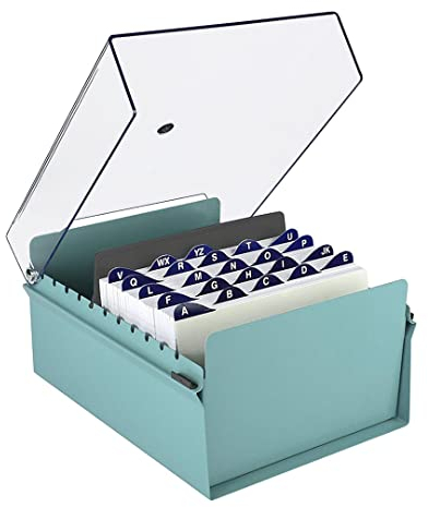 Acrimet 5'' X 8'' Card File Holder Organizer Box Metal Base Heavy Duty (AZ Index Cards 205mm width x 138mm height and Divider Included) (Green Color with Clear Crystal Plastic Lid Cover)