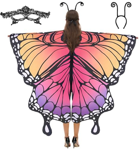 Spooktacular Creations Schmetterlingsflügel-Umhang-Schal mit Spitzenmaske und Antennen-Stirnband aus Samt für Erwachsene und Frauen, Halloween-Kostüm-Zubehör