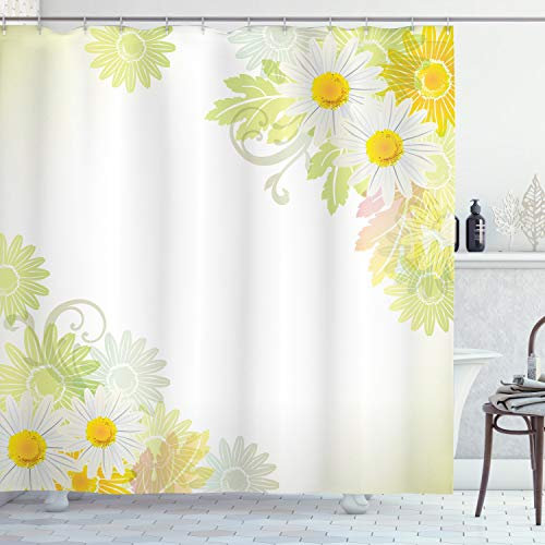 ABAKUHAUS Blumen Duschvorhang, Abstrakt, Stoffliches Gewebe Badezimmerdekorationsset mit Haken, 175 x 220 cm, Weiß und Gelb