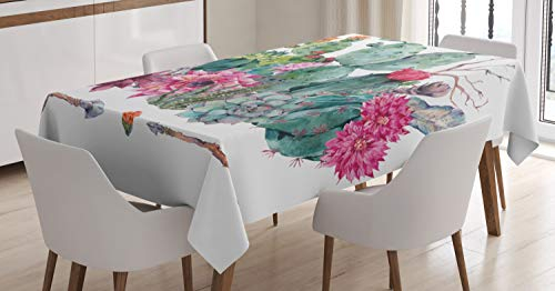 ABAKUHAUS Kaktus Tischdecke, Blumenstrauß in Boho Style-Pfeil, Wasserfest Waschbar mit Klar Sichtbaren Farben kein Verblassen Personalisiert, 140 x 240 cm, Weiß Grün Rosa