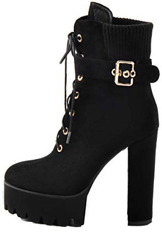 Only maker Schnürstiefeletten Damen Plateau Stiefel Kurzschaft mit Metall Schnalle Veloursleder Schwarz 38 EU