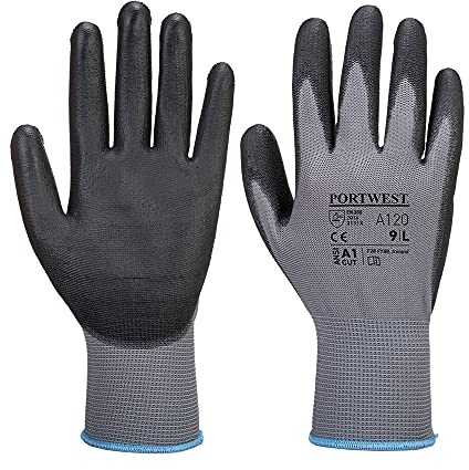 Portwest A120 Grip 13 PU Palm Work Gloves Mens Dexterity Level 5 Abrasion Resistant General Handling Safety Gloves Silicone Free CE Marked EN 388 ANSI A1 Warehouse Mechanic, Grey/Black, XS