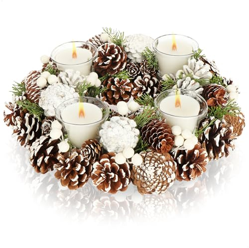 COM-FOUR® Tischkranz für Weihnachten - weißer Adventskranz mit Zapfen - Dekokranz mit 4 Teelichthaltern - Weihnachtskranz mit Kerzenhalter (Adventskranz L)