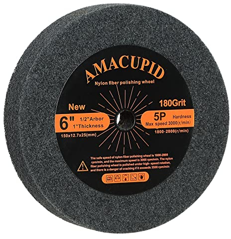 AmaCupid Nylon Fiber Brushed Buffing Wheels 6 Inch 5P Hardness. for Bench Grinding Wheel Polishing Machine. Polishing Soft Materials Such as Copper and Aluminum. 1/2 Arbor, 1 Thickness, 180 Grit