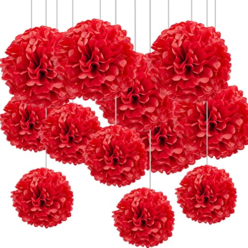 CC wonderland zone 12 Stück Rot Seidenpapier Pompons,Papier Pom Poms Seidenpompons für Party Deko