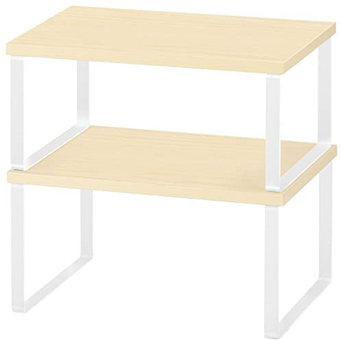 YBING 2er Set Thekenregal, Schrank Regal, Stapelbares und Erweiterbares Lagerregal für Küchenschränke Utensilien, Geschirr, Konservendosen, Gewürze, Rustikale Gewürzregal (Weiß(2pcs))