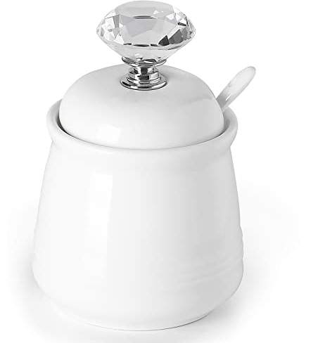 ONTUBE Ceramics Sugar Bowl with Crystal Lid and Spoon 12oz, Silver
