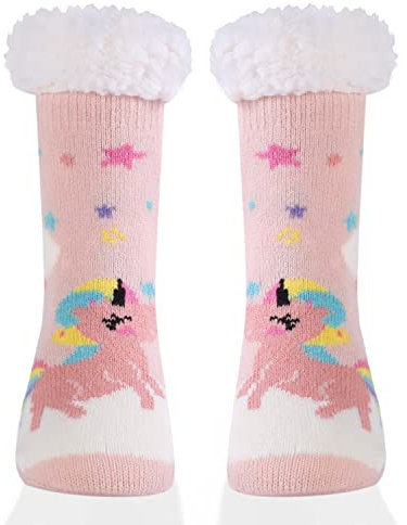 DOXILA Kids Slipper Socks Boy Girl Chunky Knit Non Slip Socks Soft Fuzzy Warm Thick Fleece lined Christmas Stockings Child Toddler Winter Socks Unicorn Pink 8-12 Years (L)