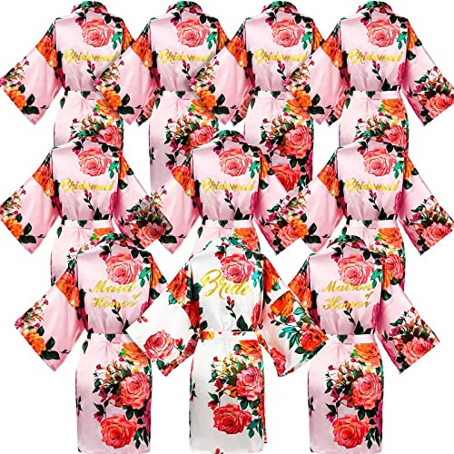 Coume Lot de 10 robes de mariée en satin pour demoiselles d'honneur - Kimono floral pour femme - Fournitures de mariage (demoiselle d'honneur et matrone d'honneur), blanc/rose, taille unique