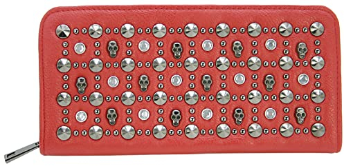 Jennifer Jones - Damen Geldbörse, Großes Clutch Portemonnaie Geldbeutel mit Totenkopf-Nieten Skull, Rot