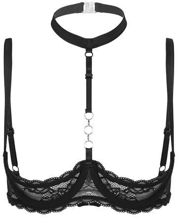 CHICTRY Womens Lace Push Up Bra Underwire 1/4 Cups Brassiere Shelf Bras Balconette Bralette Lingerie 2# Black XXL