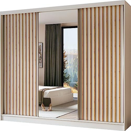 WFL GROUP Moderner Kleiderschrank Schwebetürenschrank mit Spiegel und Holzlamellen 100 150 200 cm - Kleiderschrank für Schlafzimmer mit Schwebetüren - Kleiderstange - 240 cm - Weiß/Artisan Lamellen