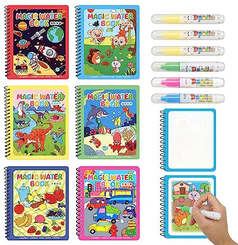 6 Stück Wassermalbücher Magic Malbuch mit Wasserstift, Magie Wasser Zeichnung Bücher, Wassermalbuch mit Wasserstift, Wasserstifte Malbuch Magisches für Kinder Reiseaktivitäten Bildung Geschenk