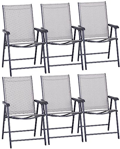 Outsunny Set of 6 Folding Garden Chairs, Metal Frame Garden Chairs Outdoor Patio Park Dining Seat with Breathable Mesh Seat, Grey