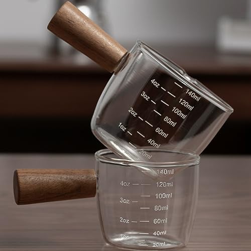 SUQ 2Pcs Glass Milk Cup, Small Espresso Coffee Cup, Glass Sauce Dish, Multi-Functional Wood Handle Cup, Creamer Jugs Sauce Pitcher, for Coffee Tea Maple Syrup Honey(150ml)