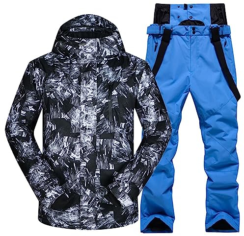 ALSOGO Herren Ski Jacke und Hosen Set Ski Anzug Winter Wasserdicht Winddicht Kapuze Schneemantel 2-Stücke Snowboard Sets 336-Blue L