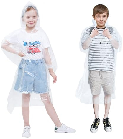 Vicloon 5 Pcs Travel Raincoat Rain Jacket, Disposable Rain Poncho for Kids, Emergency Waterproof Poncho with Drawstring Hood & Elasticated Wrists, for Sightseeing, Camping, Theme Parks & Outdoors