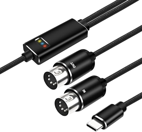 XMSJSIY MIDI a Type-C Cavo di interfaccia adattatore a 5 pin MIDI a USB Type-C Input & Output Cavo con indicatore LED per tastiera a PC Mac Laptop -2M (Type-C)