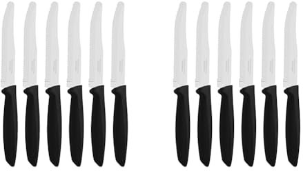 Tramontina Kitchen Knives Set of 6, Serrated Fruit Tomato Cooking Knife, Vegetable Chopper Peeler, Stainless Steel, Multipurpose, Rounded Tip, Black, 23498055 (Pack of 2)