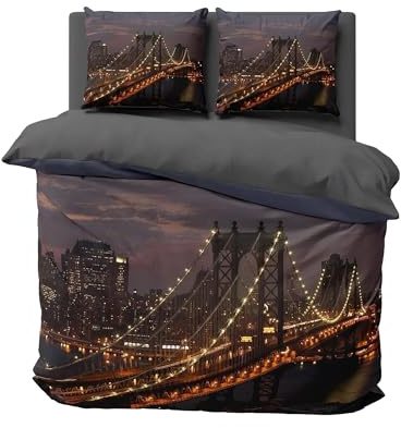 FEBE 3D Bettwäsche Brooklyn Bridge Bettbezug-Set 135x200 + Kissenbezug 80x80 cm Wendebettwäsche 2 Teilig mit Reißveschluss