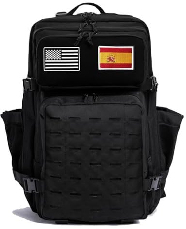 GUJOIN Taktischer Militär-Rucksack, 50 l, wasserdicht, langlebig, für Wandern, Camping, Angeln, Fitnessstudio, mit Flaschenhalter, Komplett Schwarz