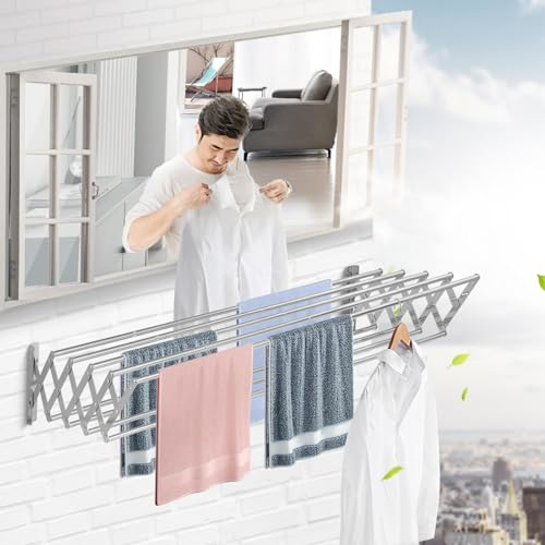 Sinbide Wäscheständer Wandmontage, Wäschetrockner Wand ausziehbar mit 9 Stangen, Wandtrockner aus Metall, Klappbar und ausziehbar-platzsparender Akkordeon Trockenständer zur Wandmontage (120cm)