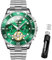OUPINKE Herren-Automatikuhr, Skelett, mechanisch, selbstaufziehend, luxuriös, Chronograph, Kalender, leuchtende Uhr für Herren, 50 m wasserdicht, Saphirglas, 3229 Silberarmband, grünes Zifferblatt,