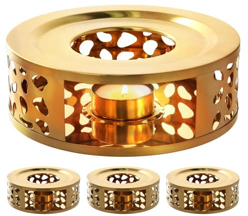 HOIGON 3 PCS Teapot Warmer, Stainless Steel Brushed Tea Pot Warmer Base with Tealight Candle Holder, Gold
