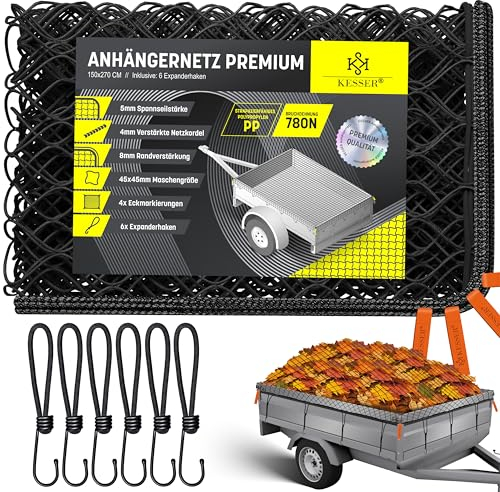 KESSER® Anhängernetz 1,5x2,7m feinmaschig | Hängernetz mit Spannseil & Netzkordel | Containernetz für Ladungssicherung | Sicherungs-Netz Eckmarkierungen Expander-Haken & Befestigungsknöpfen Schwarz