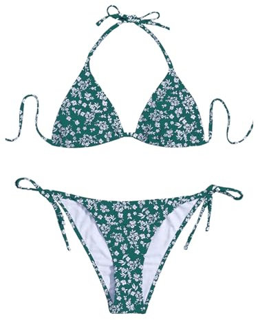 GORGLITTER Bikini Damen Mit Blümchen Triangel Bikini Set Neckholder Bikini Süße Bikini Zweiteiliger Badeanzug Grün XS