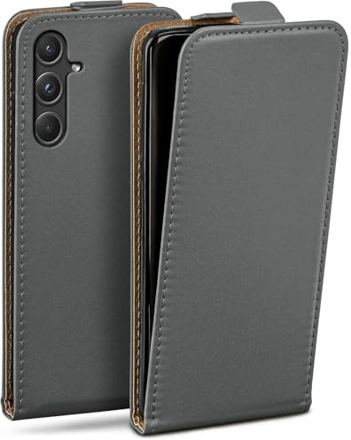 moex Flip Case für Samsung Galaxy A55 5G Hülle klappbar mit 360 Grad Schutz, Handyhülle mit Displayschutz, PU Leder Handytasche Lederhülle, Flip Case Cover Klapphülle, Grau