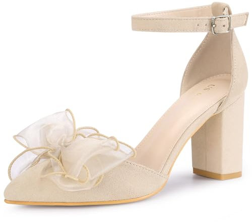 Allegra K Women's Bow Knot Pointed Toe Block Heel Pumps Beige 5.5 UK/Label Size 7.5 US