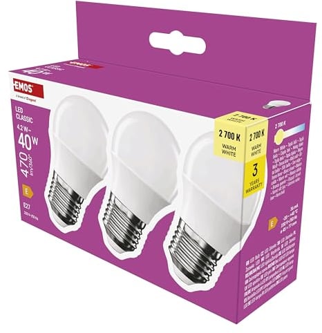 EMOS LED Lampe Mini Globe 3er Pack, 4,2W Ersatz für 40W Glühbirne, kleine Birne mit E27 Sockel, Helligkeit 470 lm, Warmweiß 2700 K, 30000 h Lebensdauer, CRI min. 80, 150° Abstrahlwinkel