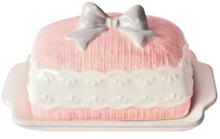 Bow-Shaped Butter Dish with Lid, Ceramic Butter Container, with Large Capacity, Pink
