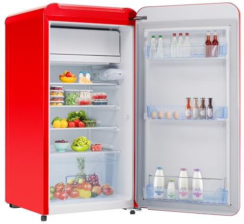 RCBDBSM Mini réfrigérateur d'une capacité de 91 litres Petit réfrigérateur avec 3 étagères en Verre Amovibles Mini réfrigérateur avec contrôle de température pour Cuisines, Bureaux, Chambres,Red