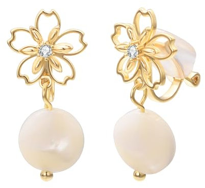 Vissen Boucle D oreilles Clip Plaqué Or Fleur De Cerisier Pendante Femme Zirconium Boucles D'oreilles Blanc Baroque Perle Argent Sterling 925 Bijoux ﻿