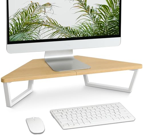 TEAMIX Dreieckiger Monitorständer, 66 cm, Schreibtisch-Eckständer mit Metallbeinen, Computerständer mit Aufbewahrung, Laptoperhöhung, Büroorganisation (Ahorn)