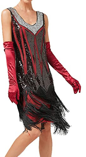 1920er Jahre Flapper-Kleid, 1920er-Jahre-Kostüm, brüllendes 20er-Jahre-Stil, Pailletten-Fransenkleid, Vintage-Accessoires für Damen, Hochzeit, rot, M