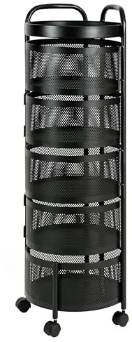 HYGRAD BUILT TO SURVIVE Black Metal Mesh Round Multi-Tier Portable Floor Standing Rotating Kitchen Cart Trolley Organiser Fruit Basket With Wheels (5 Tier)