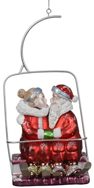 Christbaumschmuck Weihnachtsmann & Frau in Skilift 22cm Glas - Figur zum Aufhängen - mundgeblasen - Weihnachtsbaum Anhänger für Weihnachten - Christbaumanhänger & Weihnachtsbaumschmuck - Skisport Rot